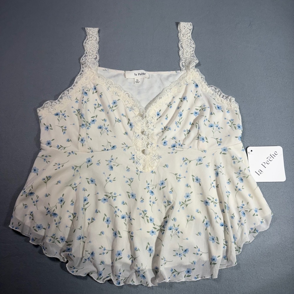La Peche Floral Cami Women XL White Blue Cottagecore